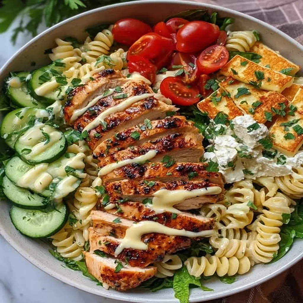 Greek Chicken & Crispy Halloumi Pasta Salad with Hot Honey Drizzle recipe step-by-step guide