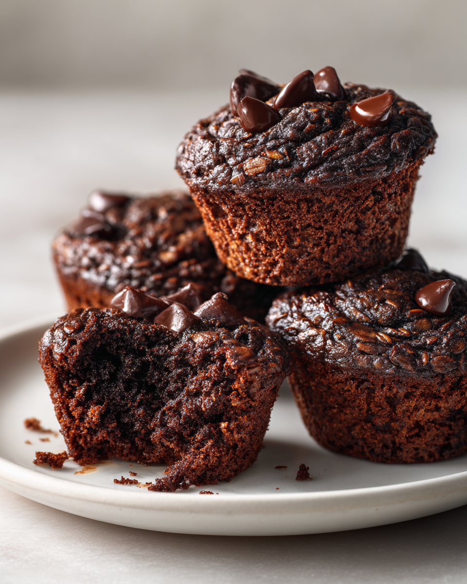 Flourless chocolate peanut butter oat muffin, close-up.